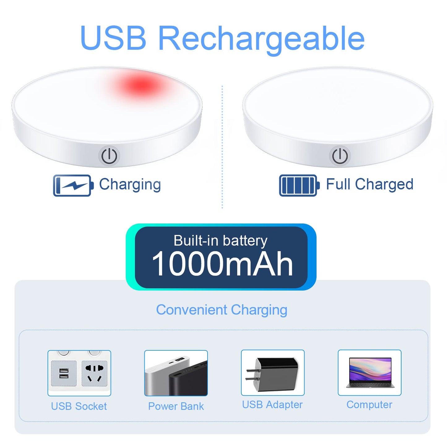 Ferswe Rechargeable Tap Lights, Dimmable Touch Night Lights with 1000mAh Large Battery, Stick on Light for Closet, Bedroom, Bathroom and Cabinet (2