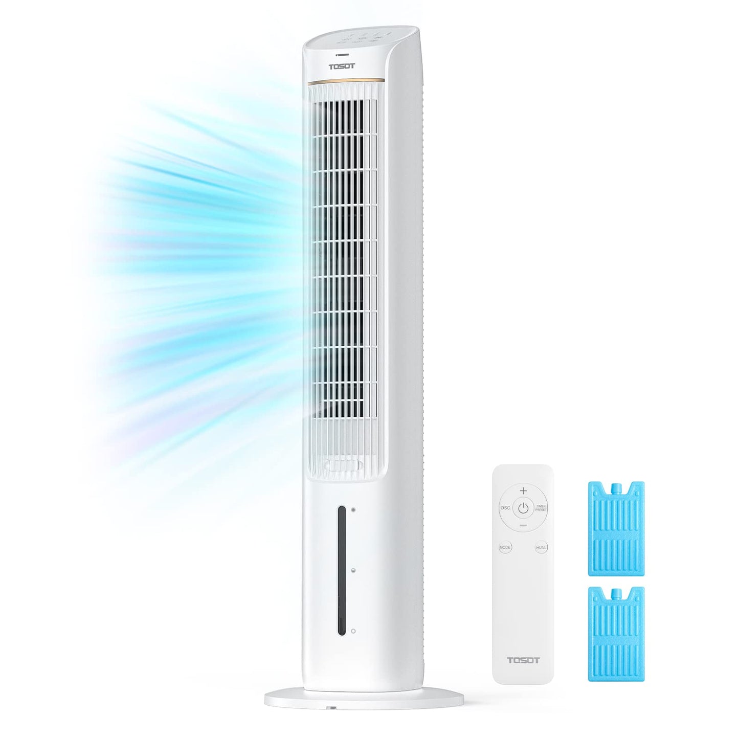 TOSOT Evaporative Air Cooler, 43" Tower Fan Oscillating 80°, 3 Speed Quiet Cooling Fan with 2 Ice Packs, Remote Control, Removable 4L Water Tank, Mist