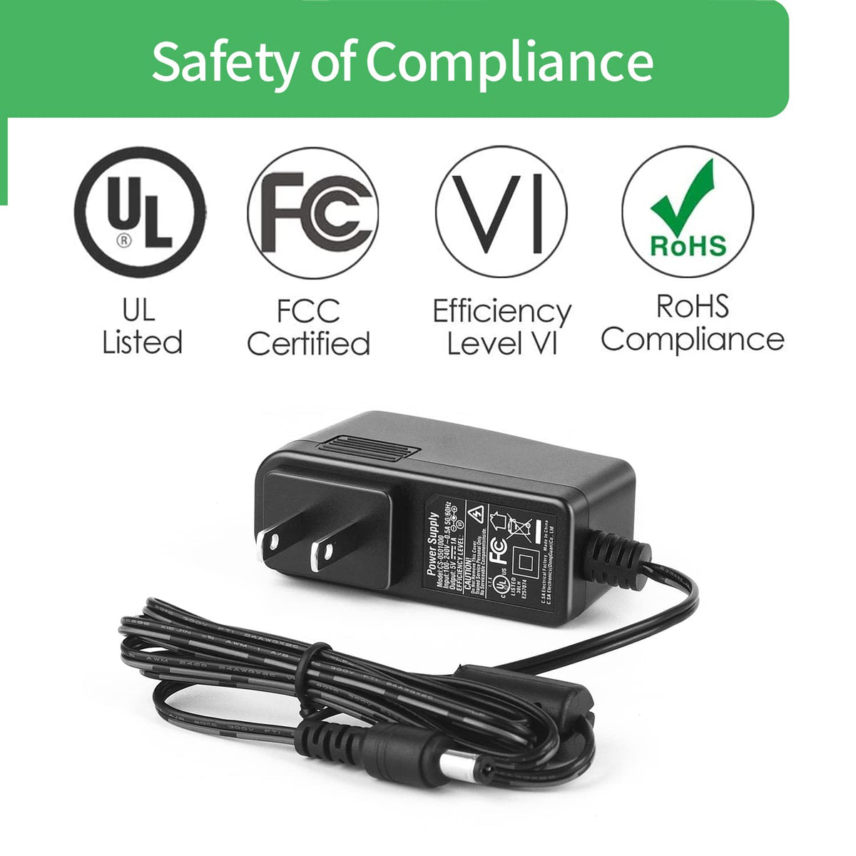 2-Pack AC to DC 5V 1A Power Supply Plug 5.5mm x 2.1mm UL Listed FCC