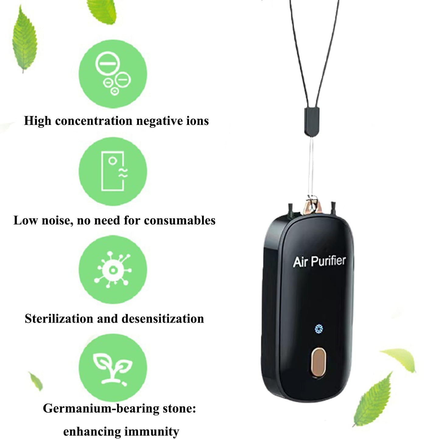 Portable Air Purifier,HAIEGACR Personal Air Purifier Necklace, Wearable Mini Air Ionizer Eliminates Pollen,Smoke,Dust for Outdoor,Travel (Black)