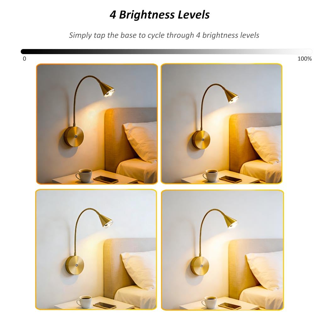 HomeFocus Wall Light,LED Wall Lamp,Eye-Caring Bedside Reading Wall Light,Gold