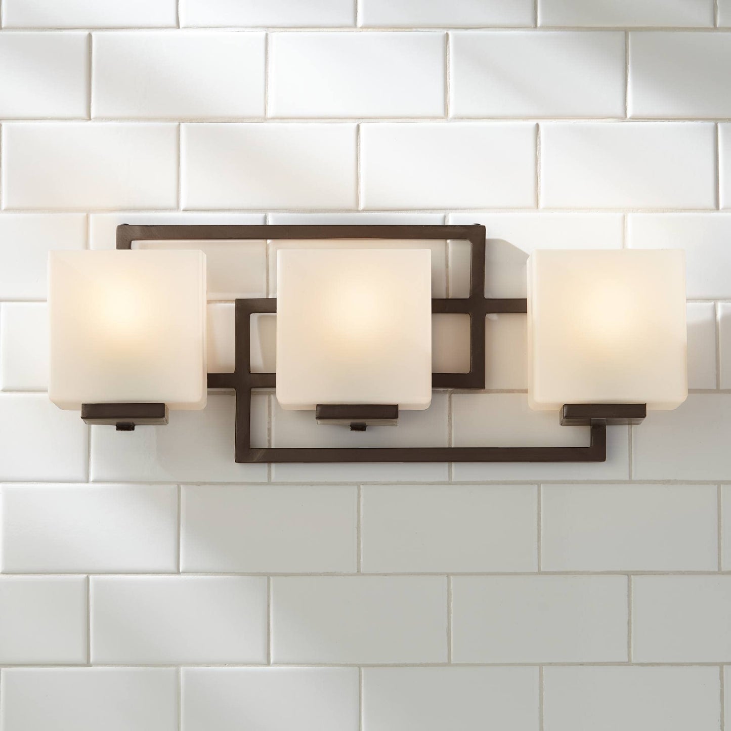 Possini Euro Design Lighting on the Square Modern Wall Mount Light Bronze Metal Hardwired 21" Wide 3-Light Fixture Geometric Opal Glass Shades