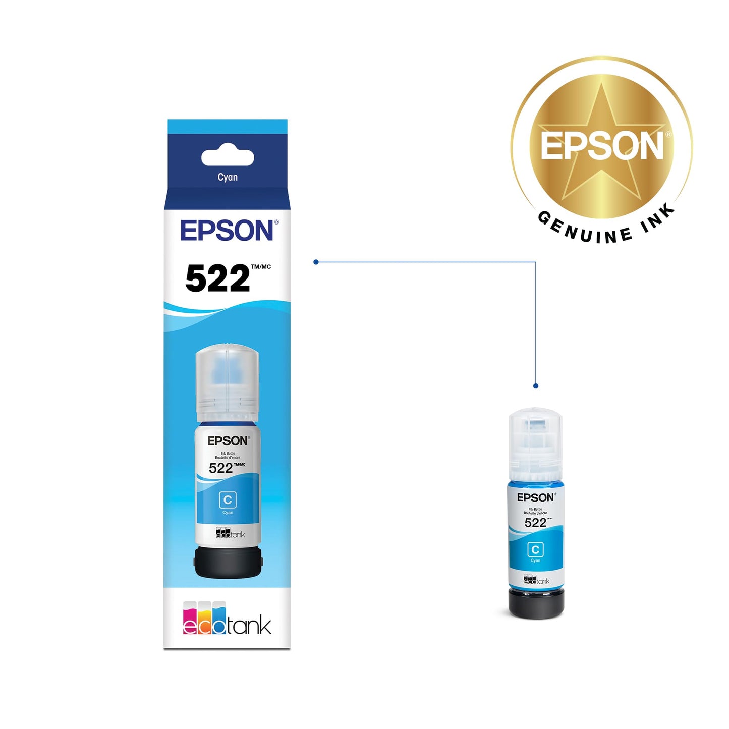 Epson 522 EcoTank Ink Ultra-high Capacity Bottle Cyan (T522220-S) Works with ET-2400, 2720, 2800, 2803, 2840, 4700, 4800, 4810
