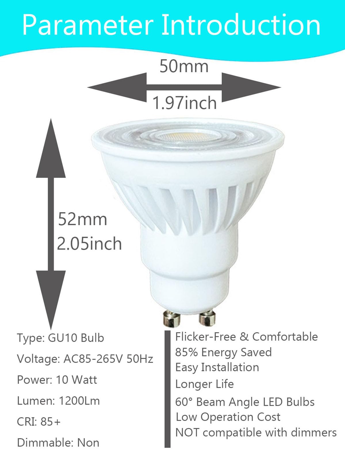 xmpuertai 4-Pack GU10 LED Spotlight Bulbs 10W, 1200lm, No Flickering, Energy Saving Led Bulbs, Equivalent 100W GU10 Halogen Spot Light