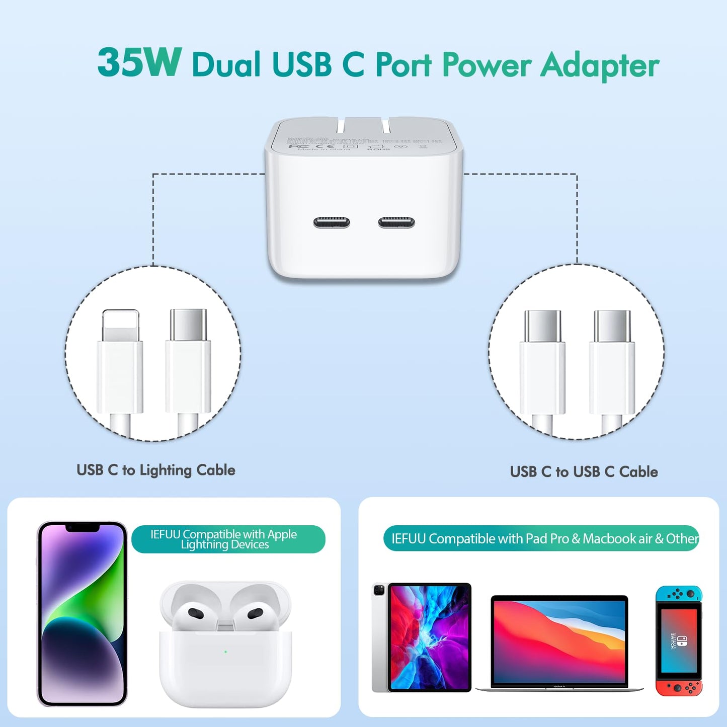 IEFUU 35W Dual USB-C Port Compact Power Adapter Compatible with iPhone 16 Charger Adapter 15/14/13/12 Pro Max Plus Mini/AirPods Wall Charger Type C