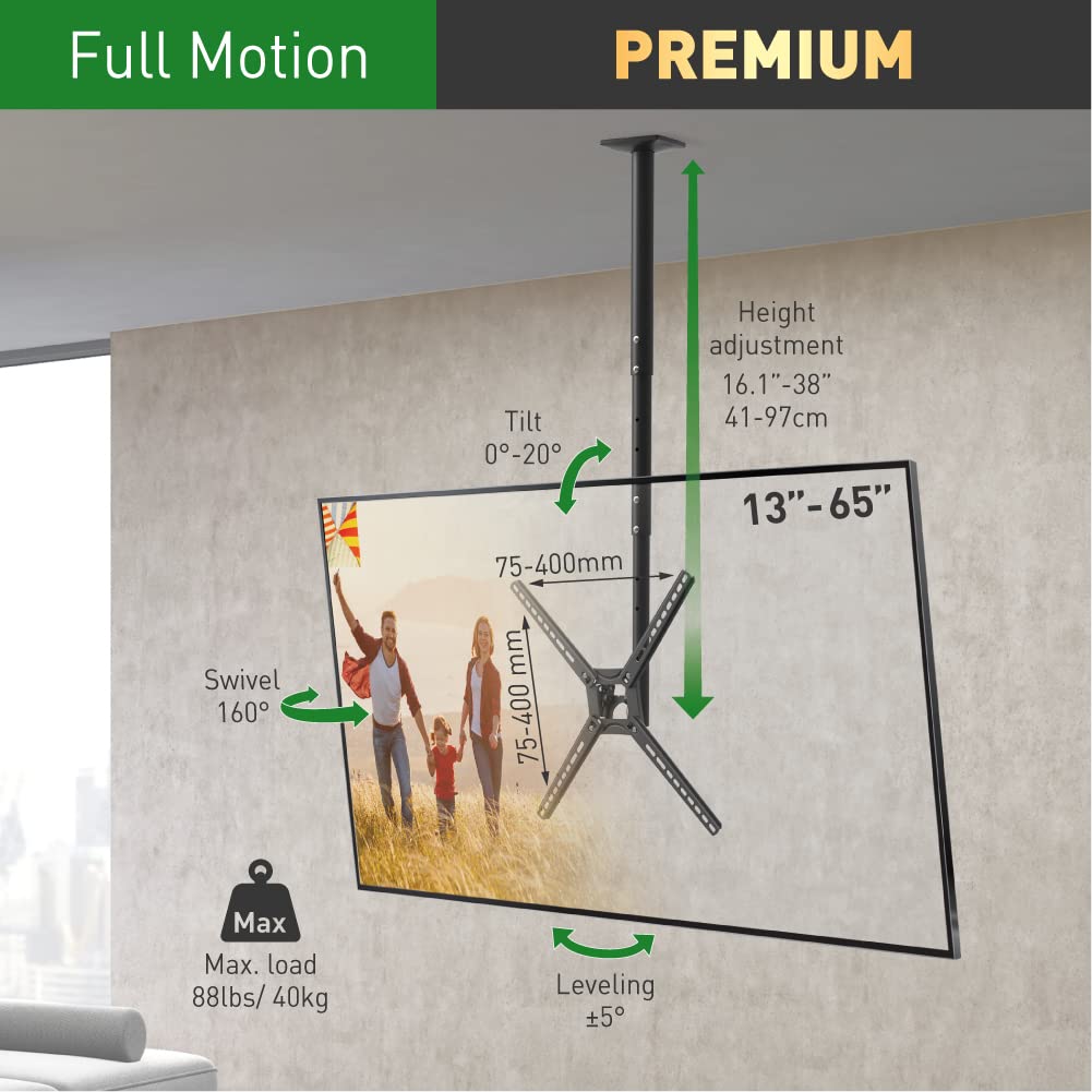 Barkan 38'' Long TV Ceiling Mount, 13-65 inch Full Motion - 3 Movement Flat/Curved Screen Bracket, Holds up to 88lbs, Telescopic Height Adjustment