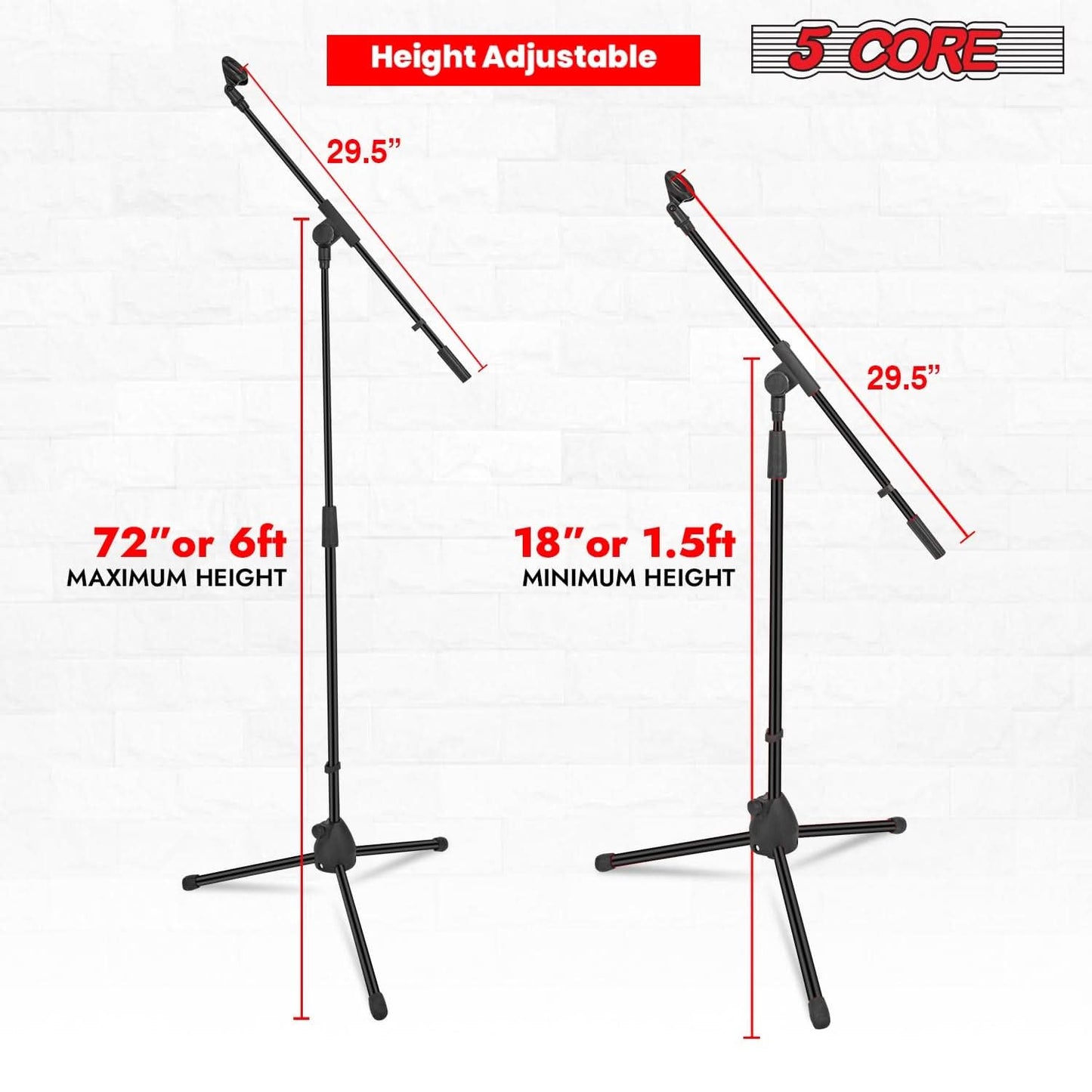 5 Core Mic Stand Floor Pair Universal Height Adjustable Tripod Microphone Stands w Extending Telescoping Boom Arm - MS 080 2Pcs