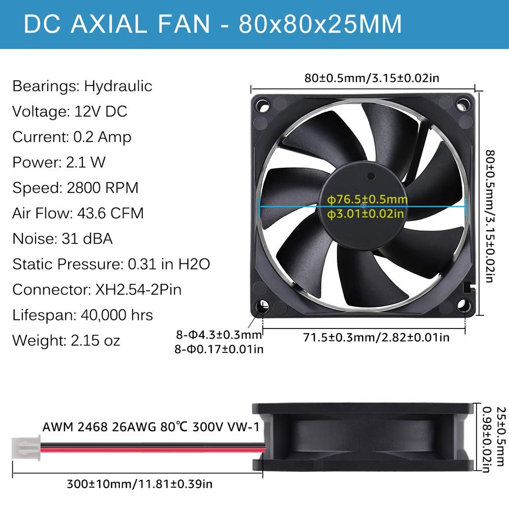 GDSTIME PC Case Fans 80mm x 80mm x 25mm 12V Brushless DC Cooling Fan 2Pin for Computer Desktop Power Supply RV Fridge Car Amplifier
