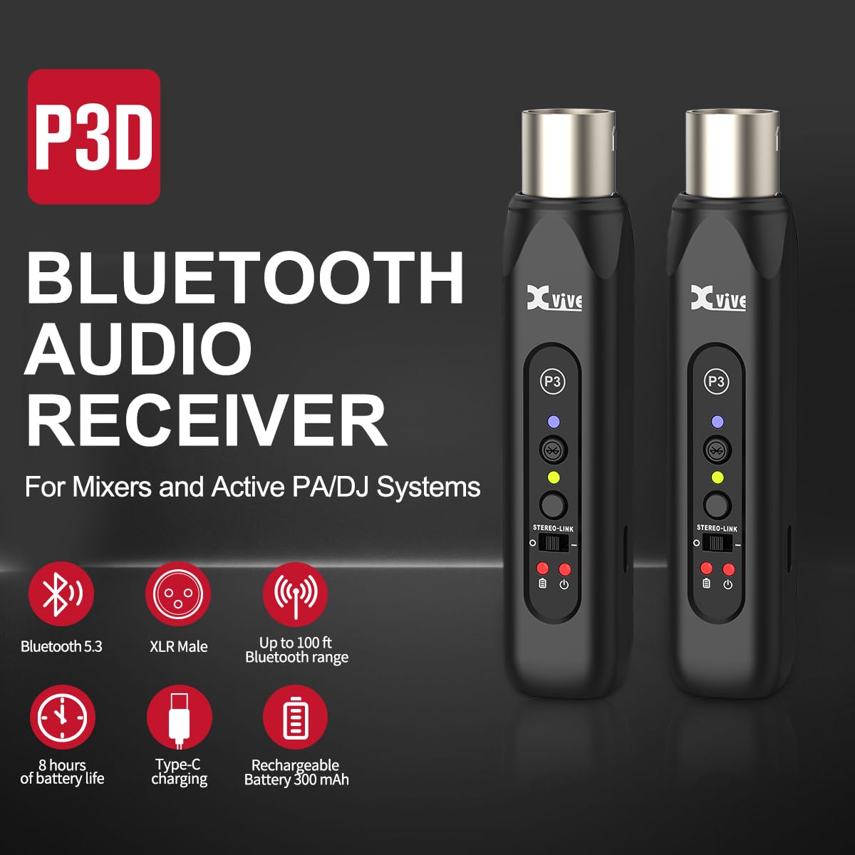 Xvive P3D Bluetooth XLR Receiver Pair for Audio Mixer, Active PA, DJ Systems