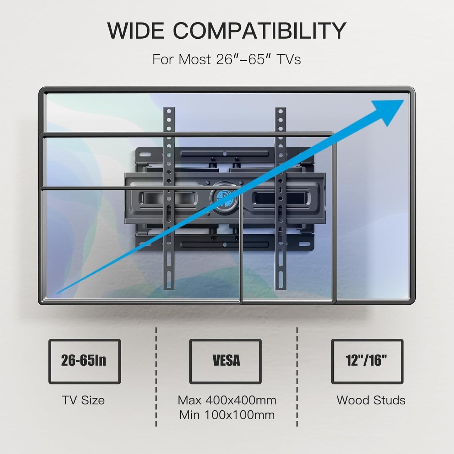 Pipishell Full Motion TV Wall Mount for 26-65 inch TVs up to 99 lbs, TV Mount with Dual Arms, Swivel, Tilt, Max VESA 400x400mm, 3 Bracket Heights