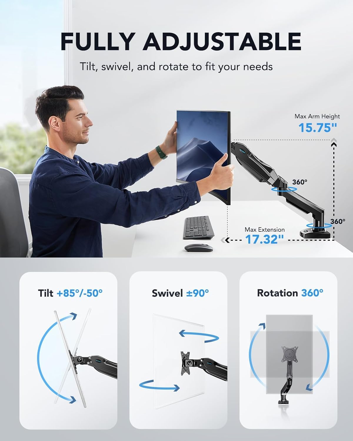 HUANUO FlowLift™ Single Monitor Mount, 13 to 32 Inch Monitor Arm, Adjustable Monitor Stand, Vesa Mount with Clamp and Grommet Base - Fits 4.4