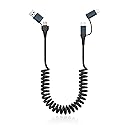 Coiled USB-C and Lightning Cable 2-in-1 with Dual Port (USB-C/USB-A) - 4ft Retractable Car Charger Cord for iPhone Android, Apple CarPlay & Auto…