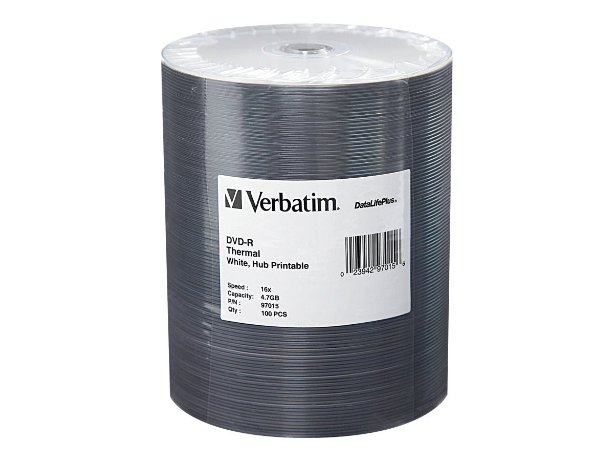 Verbatim DVD-R 4.7GB 16X DataLifePlus White Thermal Printable, Hub Printable - 100Pk Tape Wrap