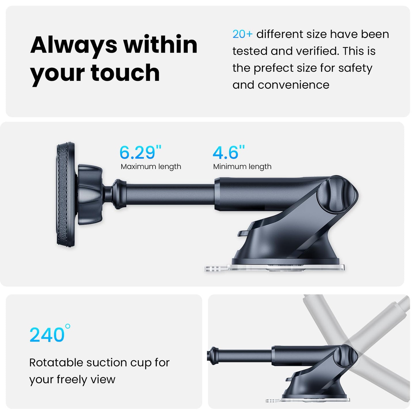 APPS2Car Magnetic Phone Mount for Car, Dashboard & Windshield Suction Cup Holder with Telescopic Arm, Requires Metal Plate for Proper Use, Fit