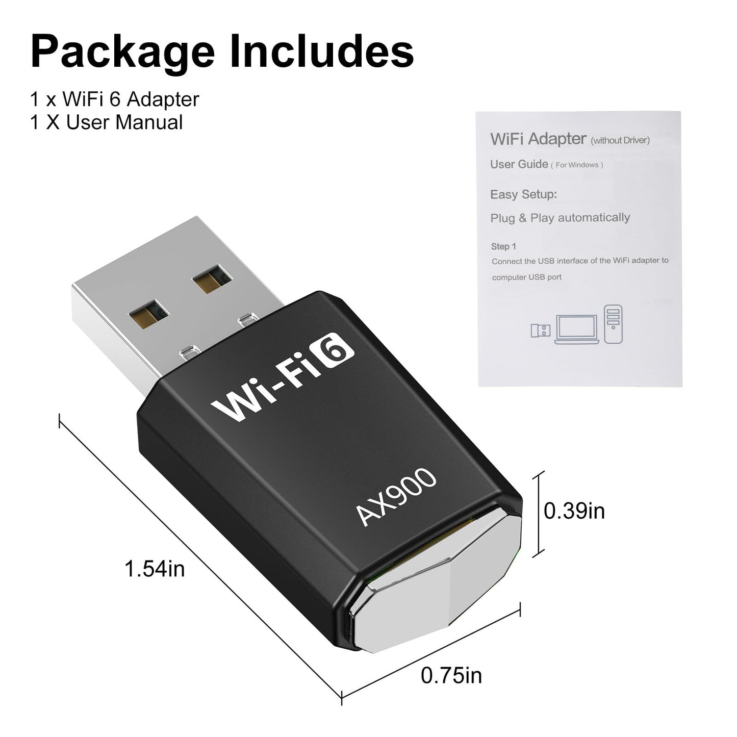 2PCS WiFi 6 USB Adapter 900Mbps Dual-Band (2.4GHz/5GHz) Desktop PC Dongle, No Drivers Required, Black ABS Casing, Built-in 2dBi Antenna, Windows