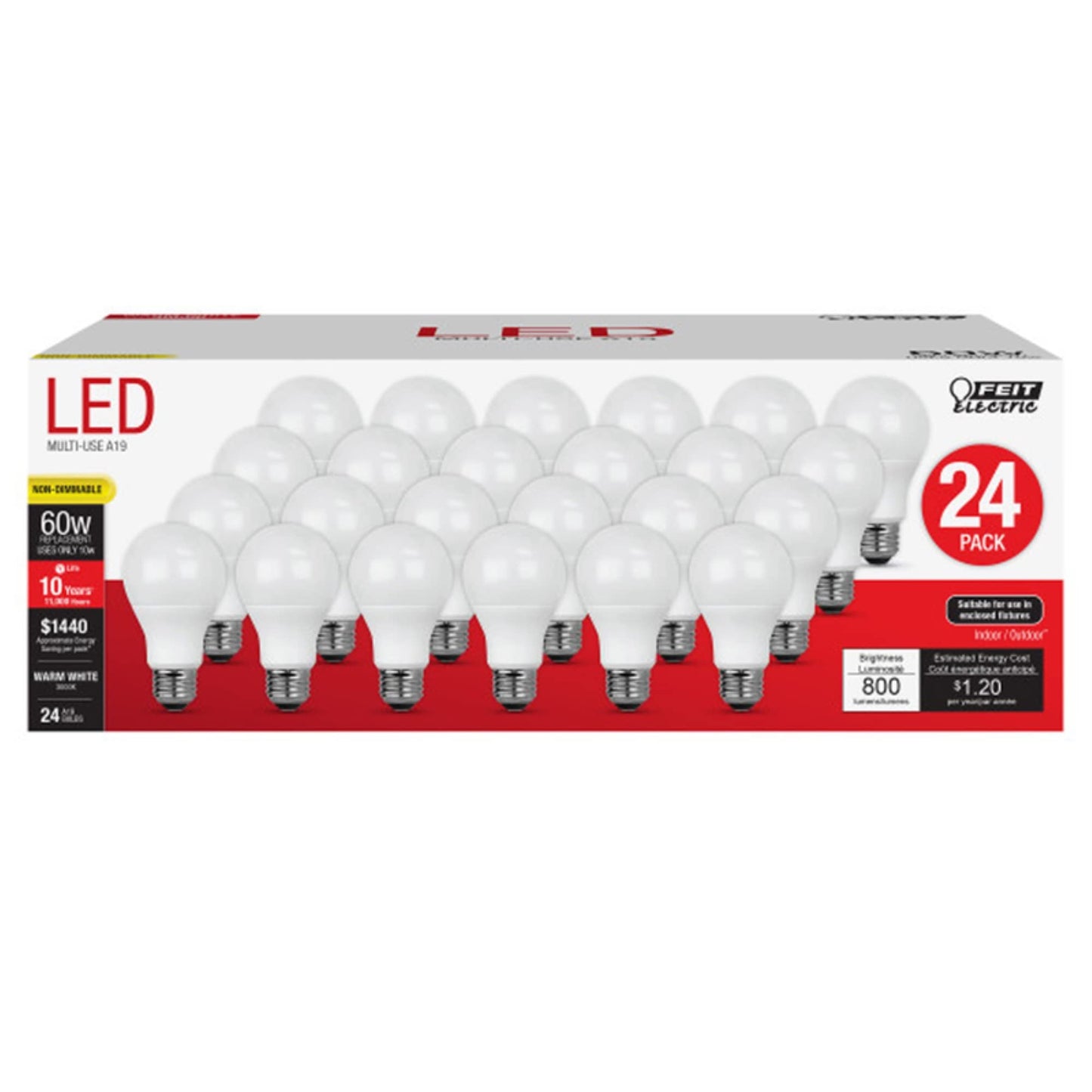 Feit Electric 60W A19 Warm White Non-Dimmable Led Bulb 24Pk