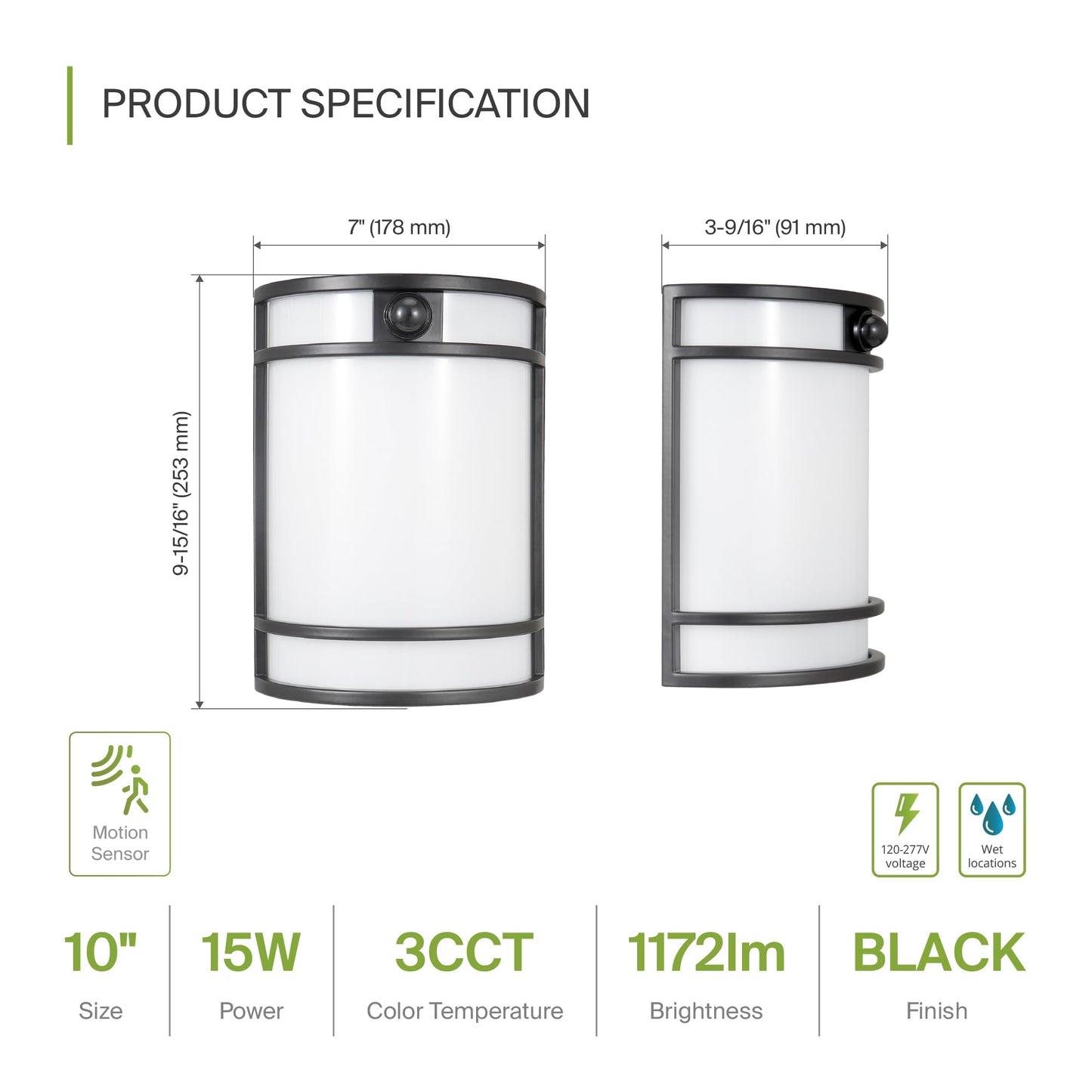 ASD 10 Inch Motion Sensor LED Outdoor Sconce Lights - 15W 120-277V 3000K 4000K 5000K Black Exterior Lighting Fixtures, Dimmable Exterior Lights