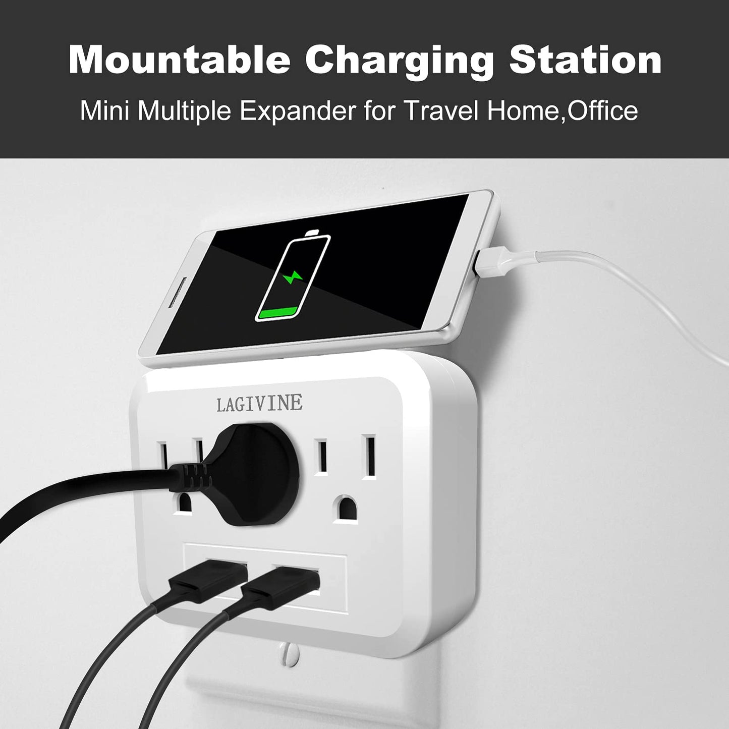 USB Wall Power Strip, 3 Outlet Extender with 2 USB Ports Outlet Adapter, Multi Plug Outlet Splitter for Travel, Home Office Accessories (White)