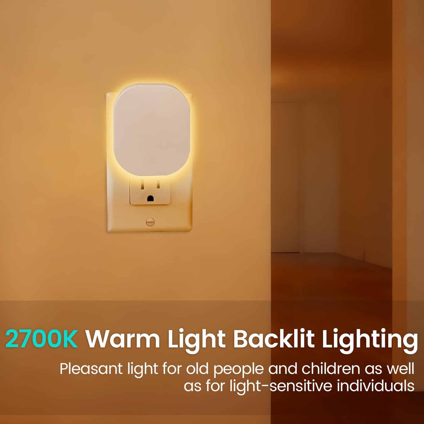 Hiwrolat Plug-in LED Backlit Night Light with Motion Sensor & Dusk to Dawn Sensor, 2700K Soft Warm White Nightlight with Dimmable Brightness