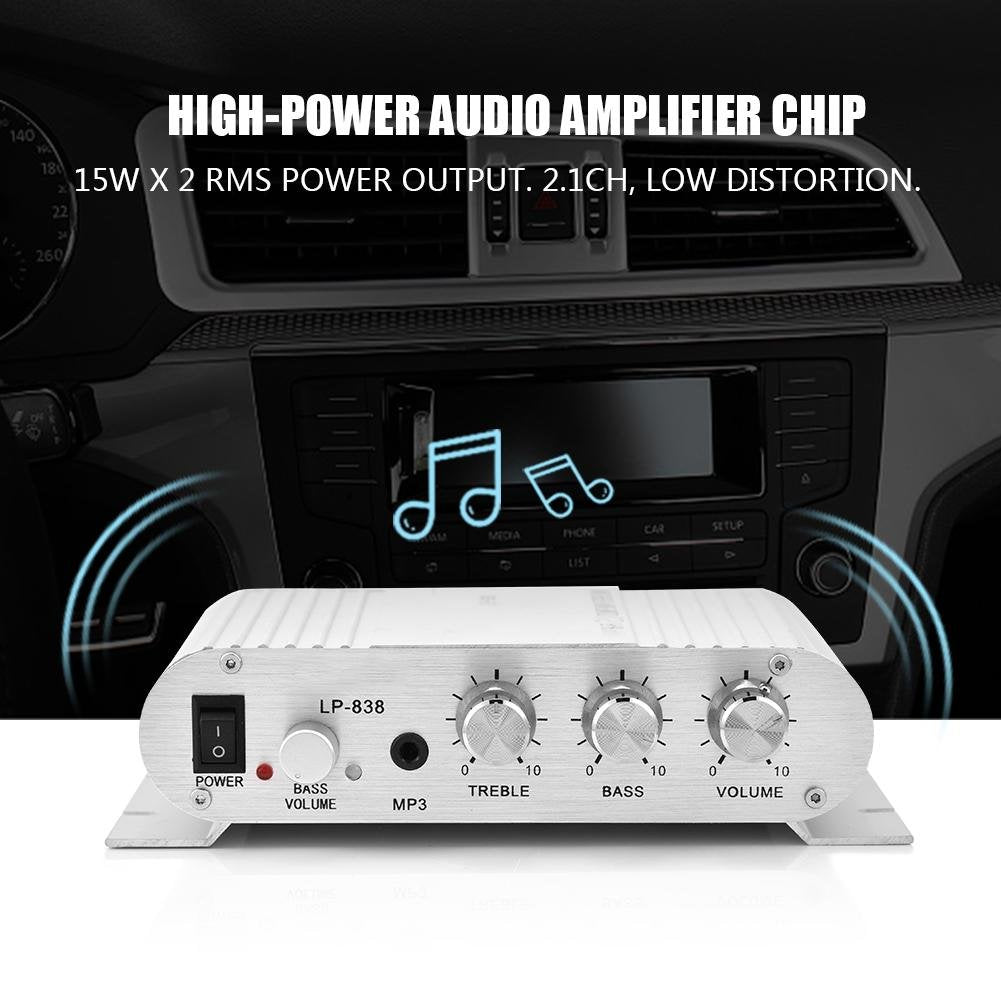 Power Amplifier, Mini HiFi 2.1 Stereo Bass Digital Amplifier, 15W x 2 RMS Output Audio Amp with & 3.5mm Audio Input for Home/Auto (Silver)