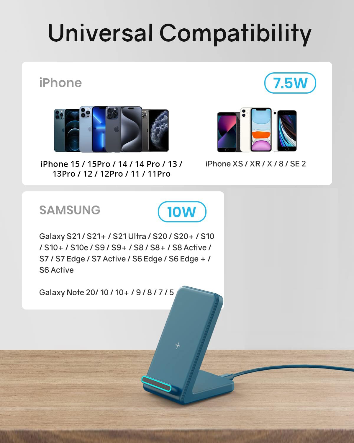 Fast Wireless Charging Station for Phone: CIYOYO 15W Charging Stand Compatible with iPhone 15/14/13/12/11, Samsung Galaxy S23/ S22/ S21/ S20