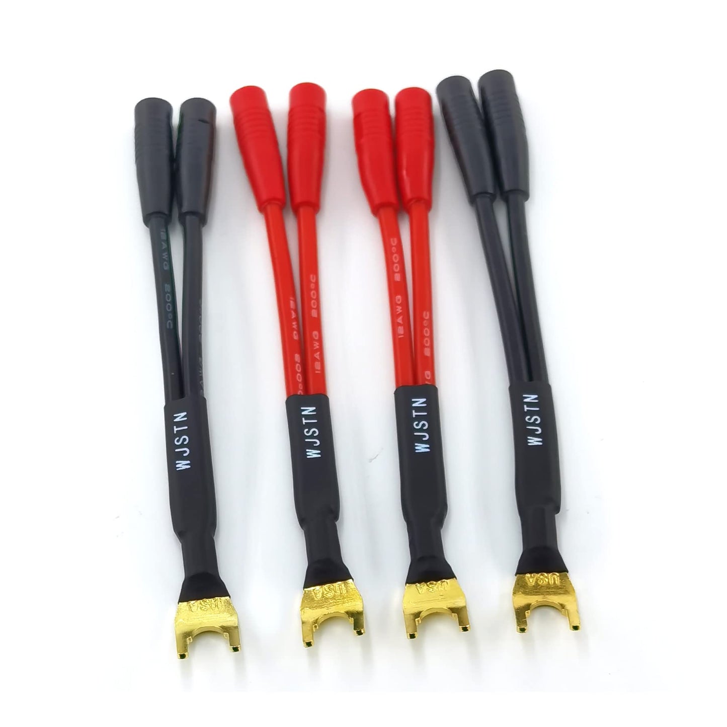 WJSTN-012 3-in Spade Plug to Two Dual 4mm Banana Plug Audio Cable adapters ?45 Degree Type Y Plug Speaker distributors 4-Pack