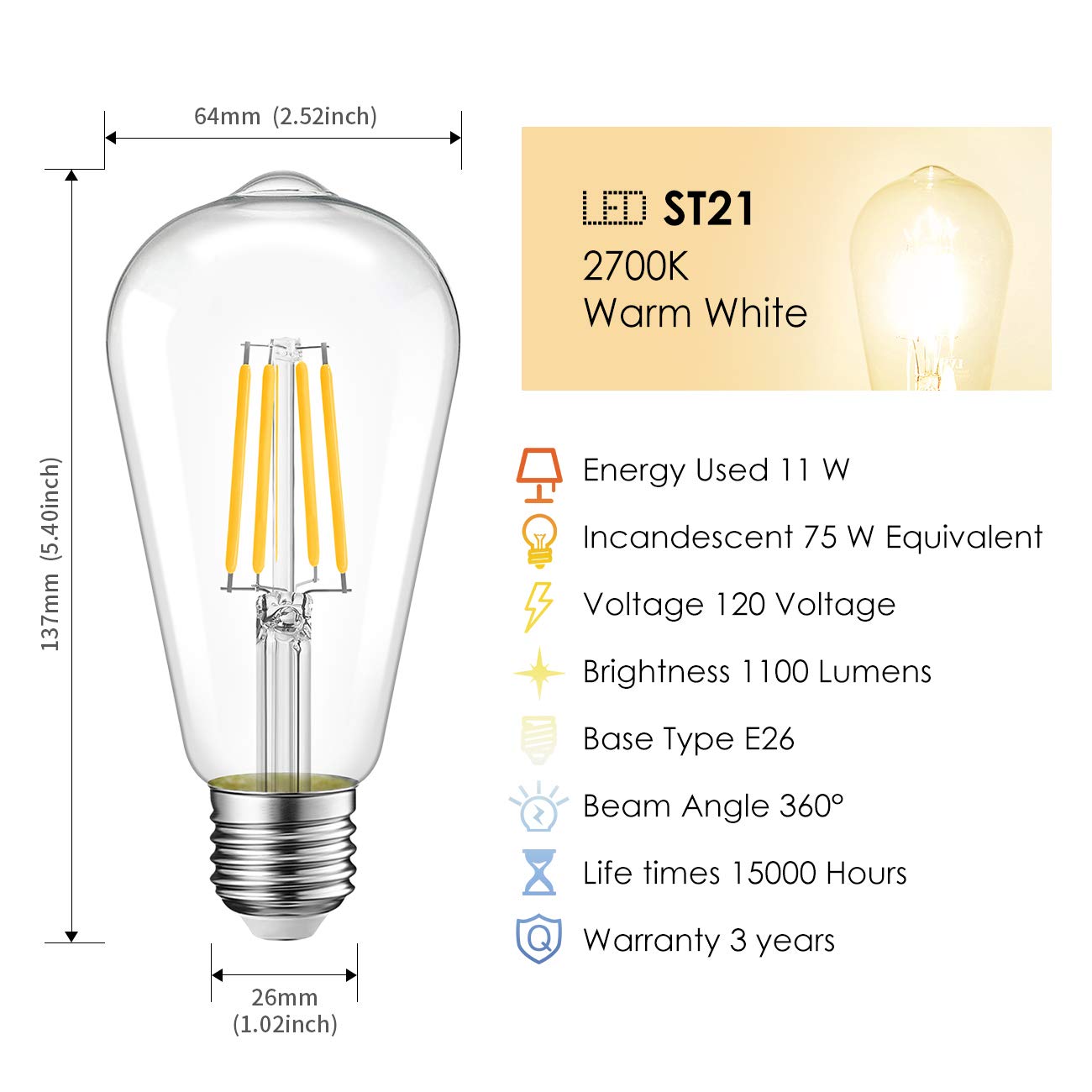 LVWIT Vintage LED Edison Bulbs, 11W Eqv 75W ST64 Filament Light Bulbs