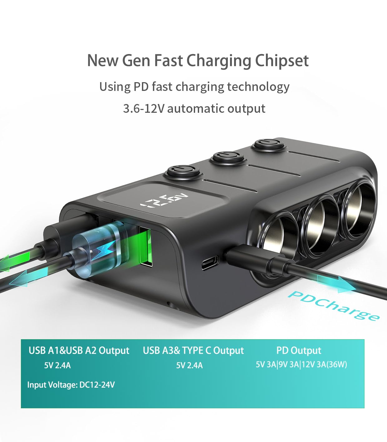 8 in 1 Cigarette Lighter Splitter, 120W 3 Socket Car Charger Adapter,5 USB,Type-C PD36W, Fast Charging,12V/24V Input, Built-in Protecter, Zero Risk