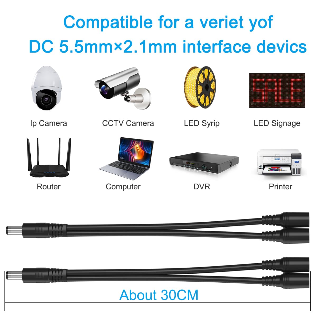 SIOCEN 2 Pack 1 Male to 2 Female Cord 5.5mm x 2.1mm,DC Power Splitter Cable for CCTV Security Cameras,Y Splitter Adapter Wire,2 Way Y-Cable