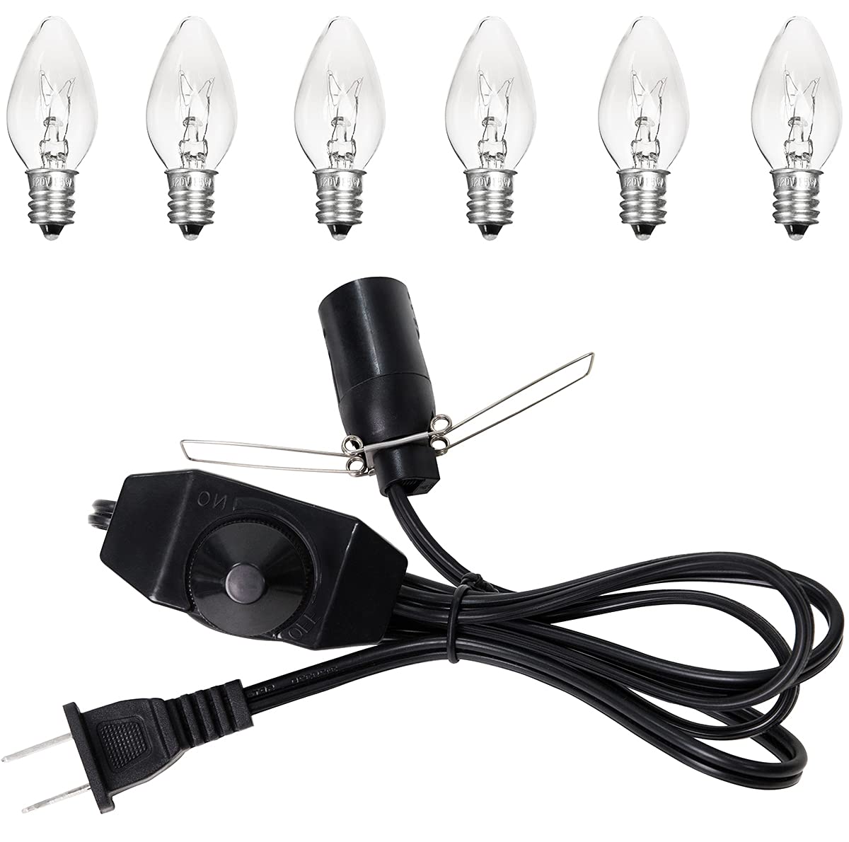 Venforze Himalayan Salt Lamp Cord (5 Feet Cord with Metal Clip) with Dimmer Switch, Original Replacement Cord and 6 Packs E12 Halogen Salt Lamp Bulbs