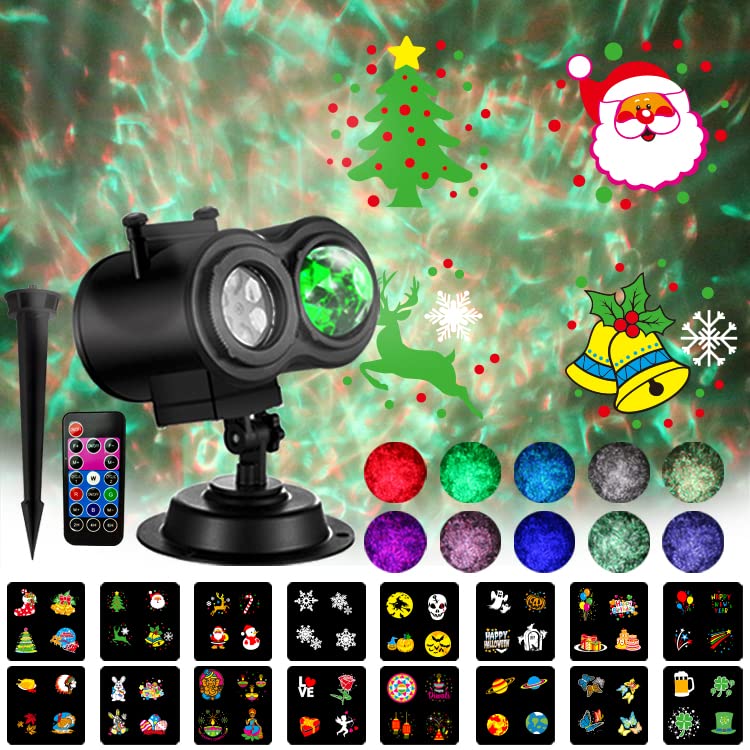 Holiday Halloween Valentine Party Christmas Diwali Projector Light (Indoor, Outdoor, Splashproof IP44), 16 Slides (4 Pictures Each), 10 Wave Effects