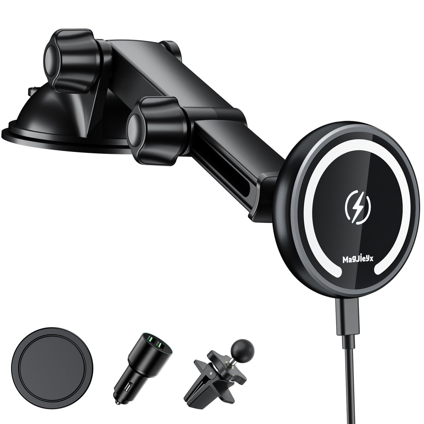 MAGJIEYX for Magnetic Magsafe Car Mount Charger, Wireless Car Charger with QC3.0 Adapter(38W Max) Phone Holder Fits iPhone17/16/15/14/13Plus/MagSafe