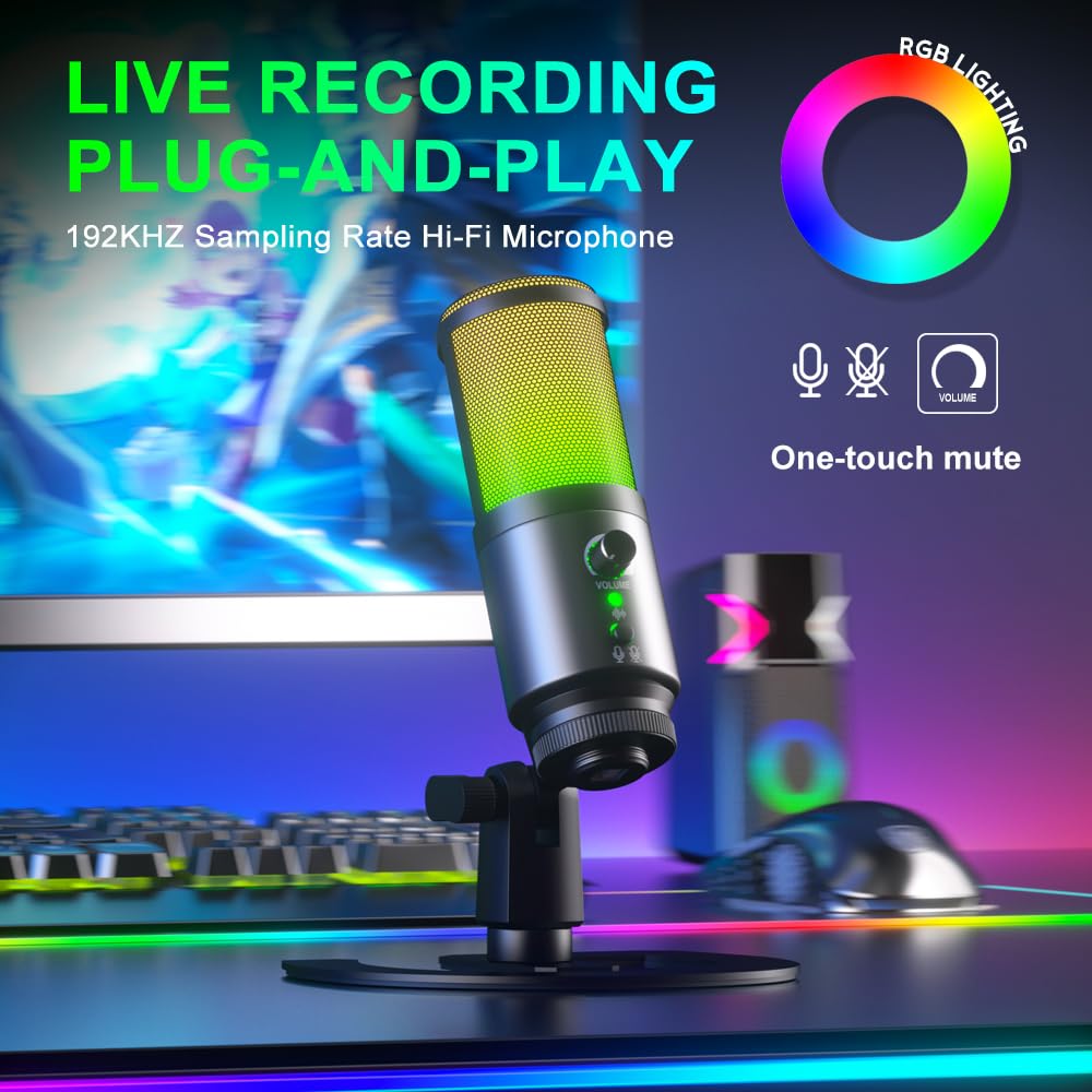 G-MARK MK6 RGB USB Condenser Microphone, Gaming Microphone for Podcasts, Streaming, Broadcasting, Condenser Mic with Cardioid, Omnidirectional