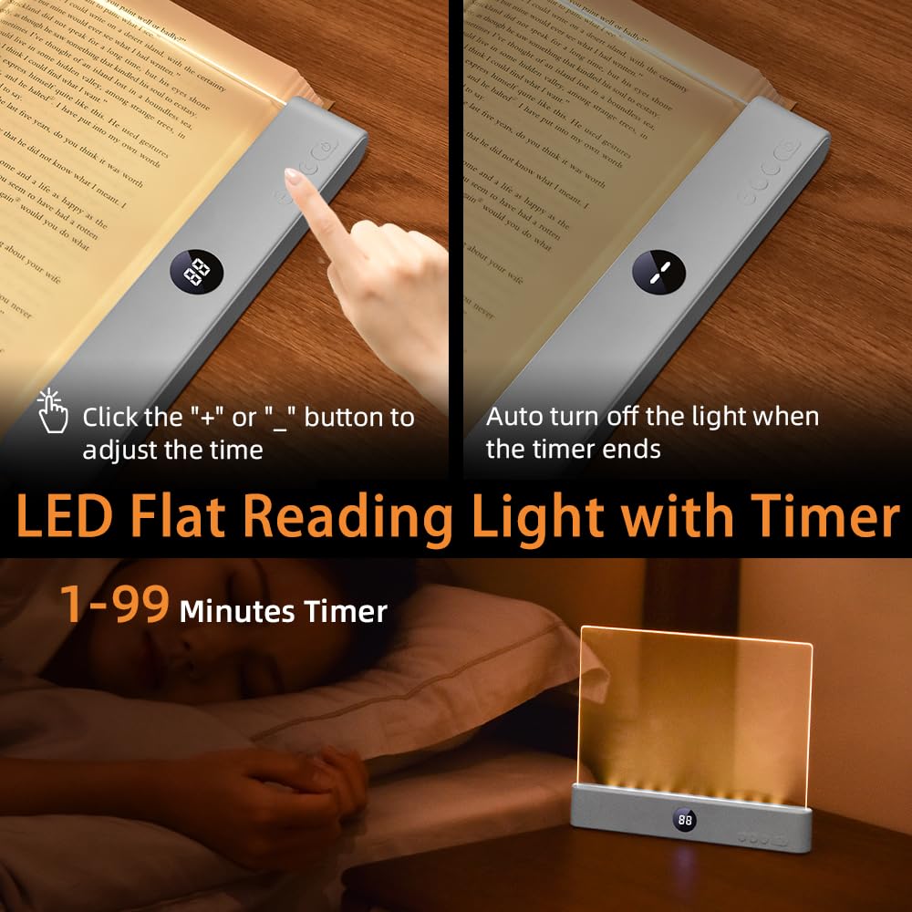 Book Light, Rechargeable Clear LED Flat Book Lights for Reading in Bed at Night with Dimmable 3 Colors & Timer, Full Page Panel Plate Lamp, Study