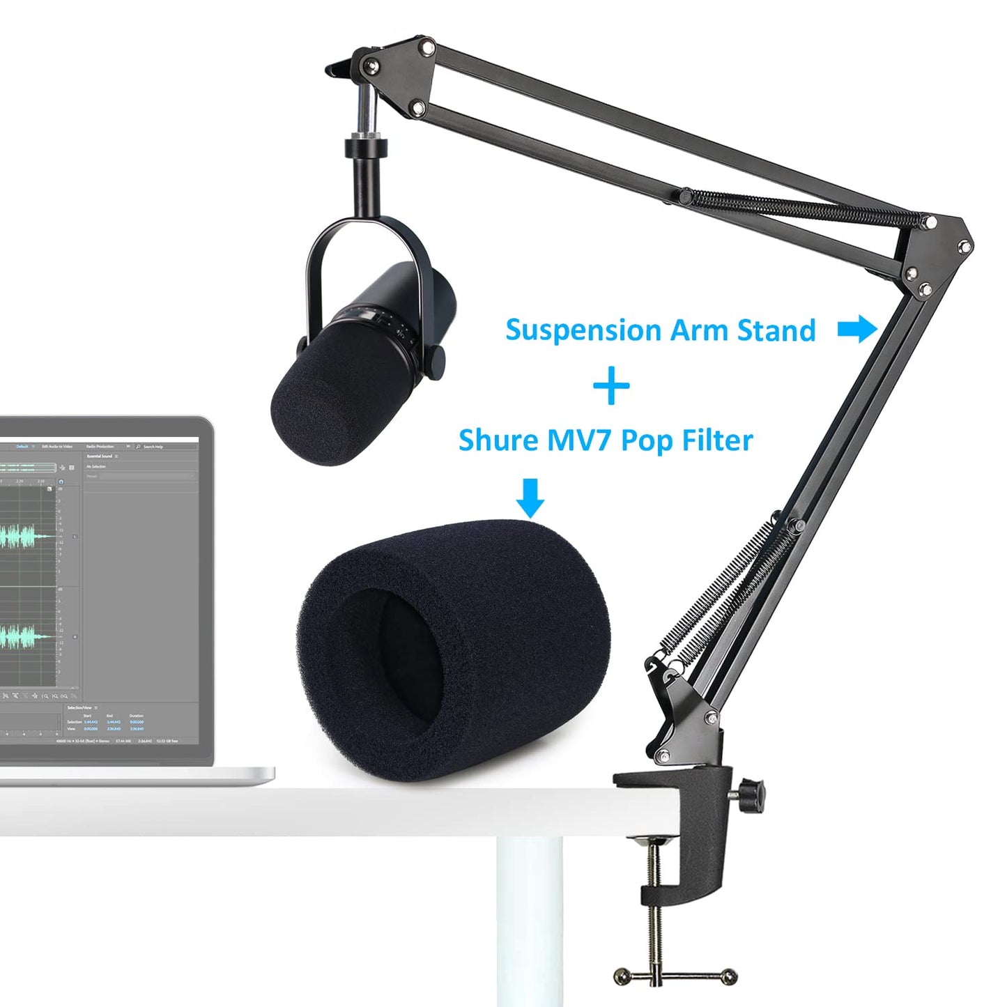 SUNMON MV7 Boom Arm Mic Stand with Pop Filter, Adjustable Suspension Boom Scissor Arm Stand with Pop Filter Compatible with MV7, MV7X adn SM7B