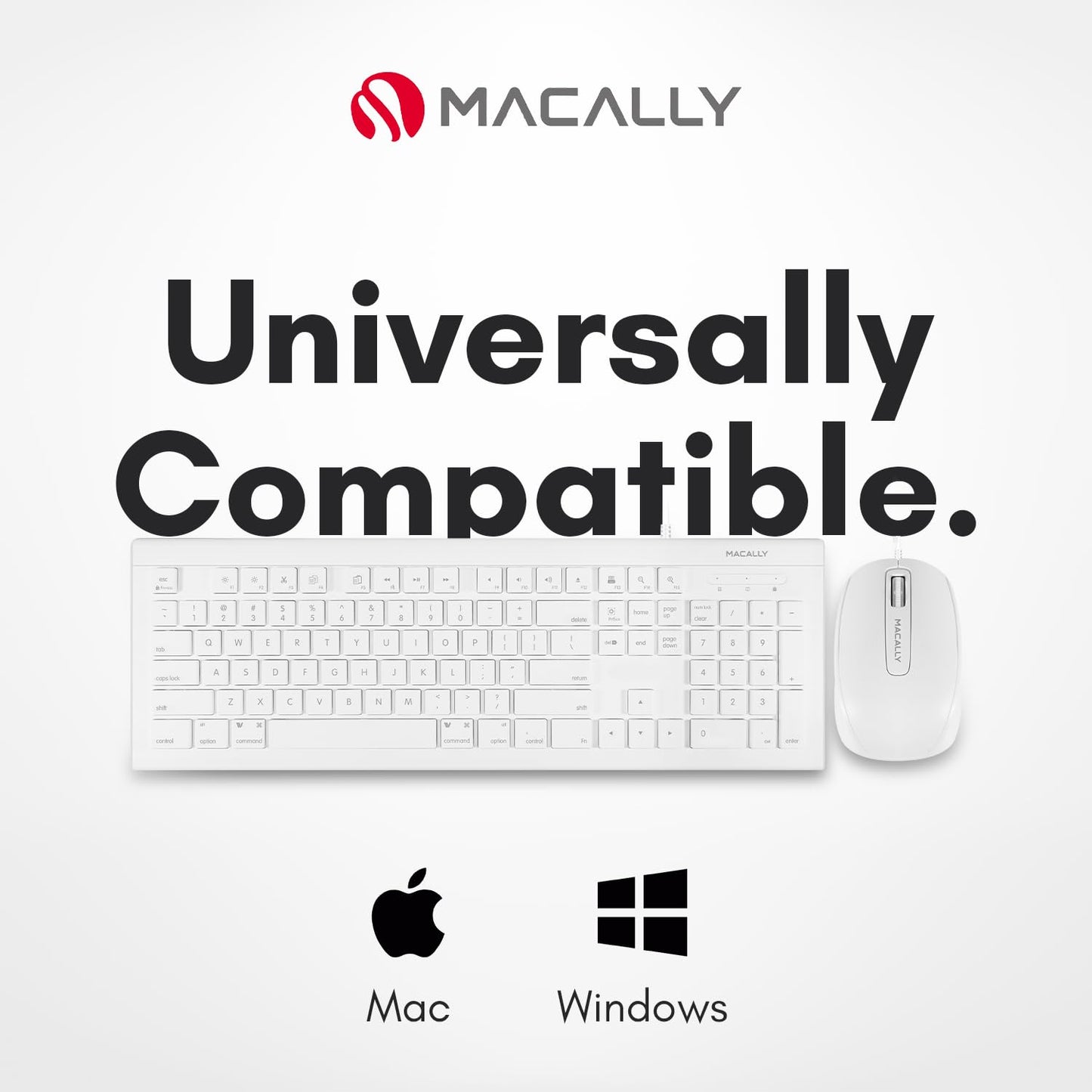 Macally 104 Key USB Wired Keyboard and Mouse Combo with Apple Shortcut Keys for Mac, iMac, Macbook, and Windows PC (MKEYECOMBO), White