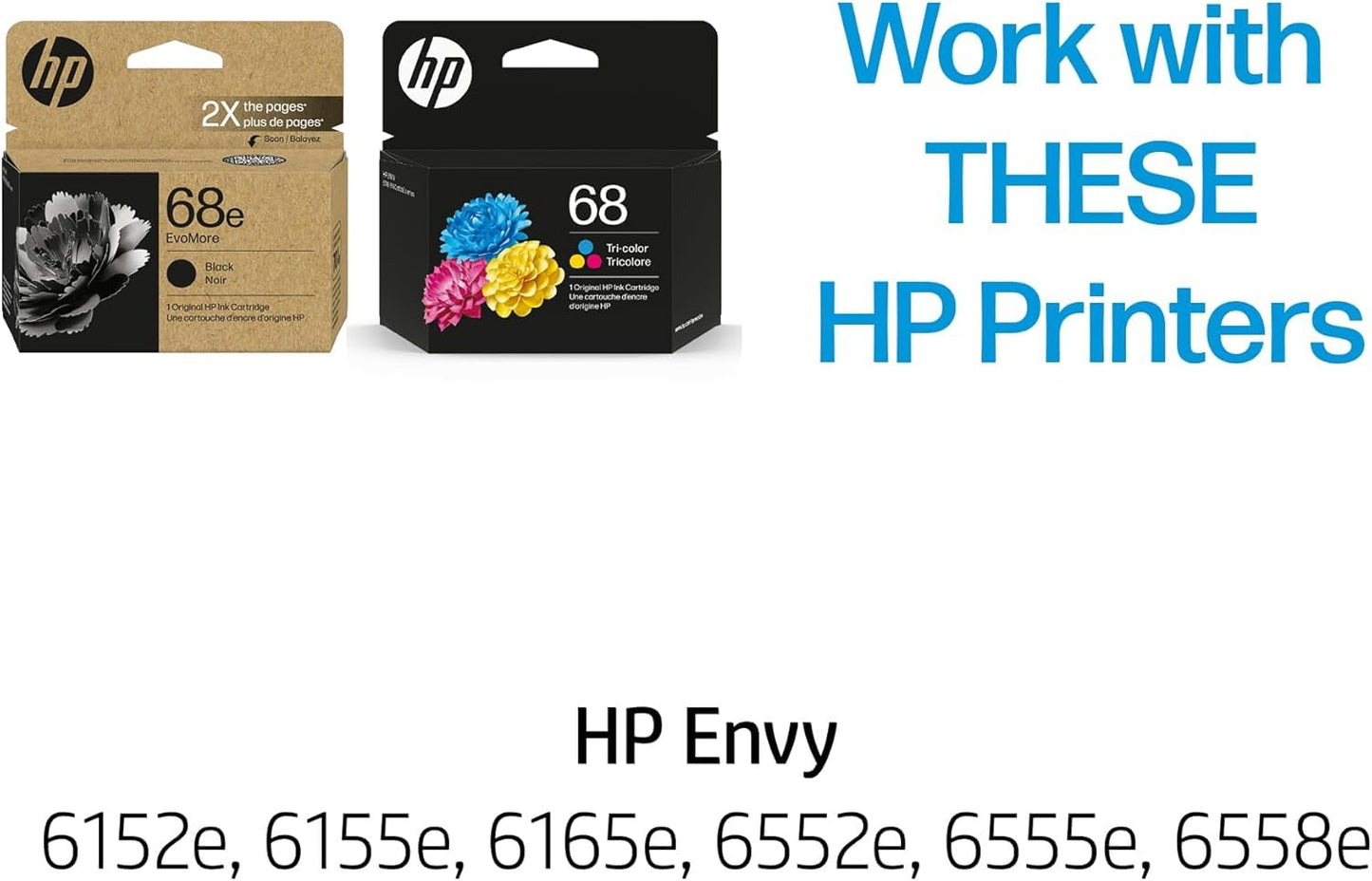 HP Original 68e EvoMore High Yield Black / 68 Tri-Color Ink Cartridges (2-Pack) | Works Envy 6152e, 6155e, 6552e, 6555e, 6558e | C84QXTN