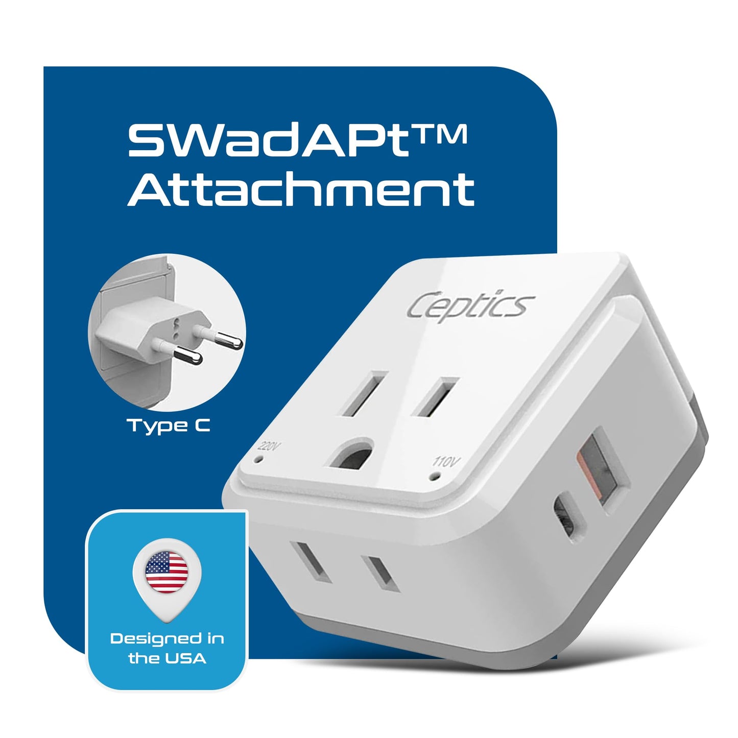 Ceptics Europe Plug Adapter, 20W PD & QC, Safe Dual USB & USB-C 3.1A - 2 USA Outlet - Compact & Powerful - Use Euro, Greece, Italy, Switzerland…