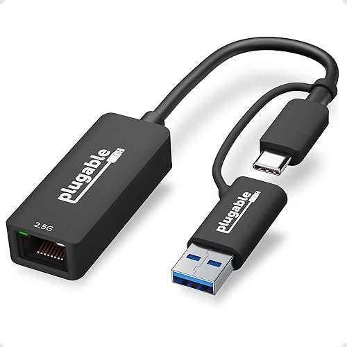 Plugable 2.5G USB-C and USB to Ethernet Adapter - Dual-Connector 2-in-1 USB-C to RJ45 2.5Gbps LAN, Compatible with Thunderbolt 5 & 4, USB4, USB 3.0