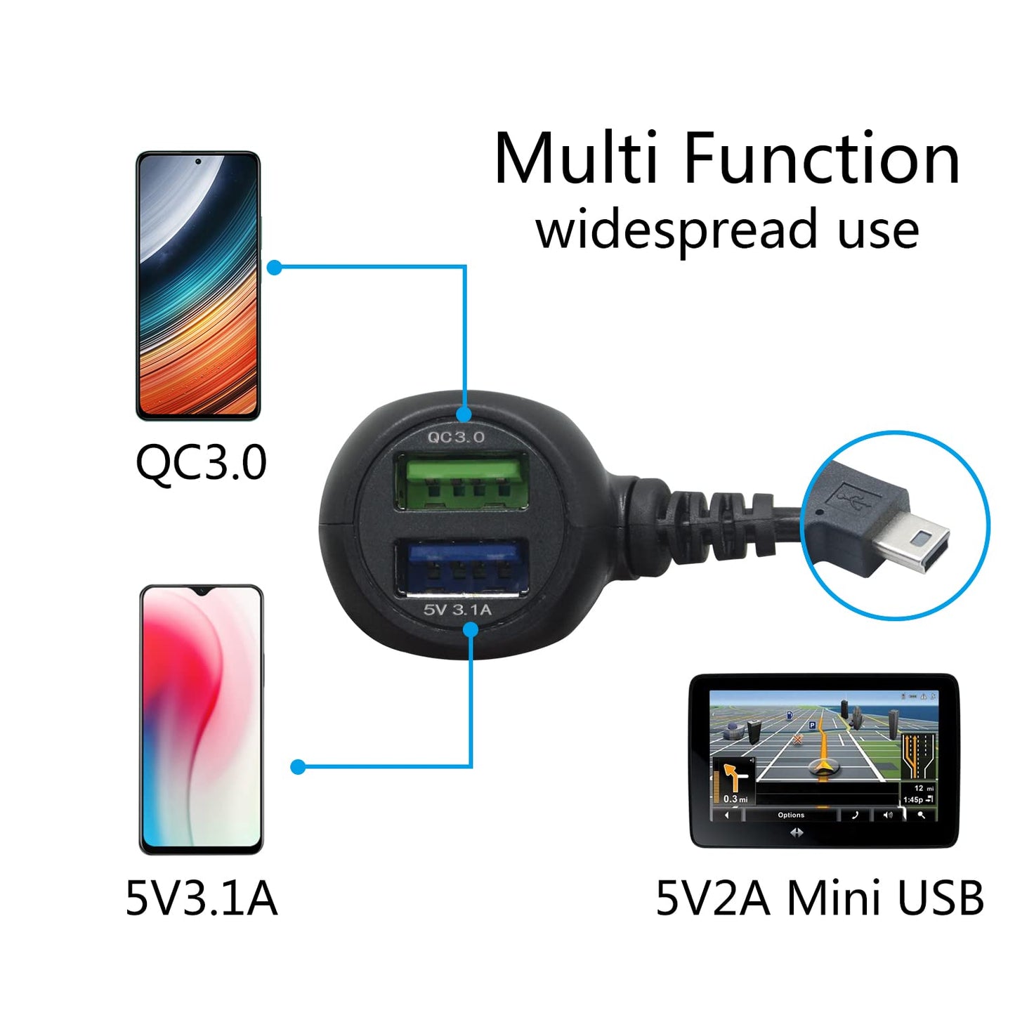 Dash Cam Mini USB Power Cable 11FT, Right Angle 90 Degree Mini USB with Dual USB Port Fast Power Supply, for 12V-24V Car and Truck Dash Cam, GPS