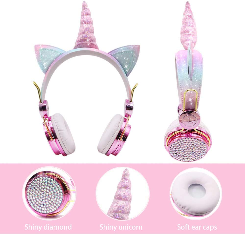 TCJJ Sparkly Unicorn Headphones for Girls, 85dB Safe Volume Limit, Wireless & 3.5mm Wired Headset with Mic, Adjustable Headband, Fast Charging…