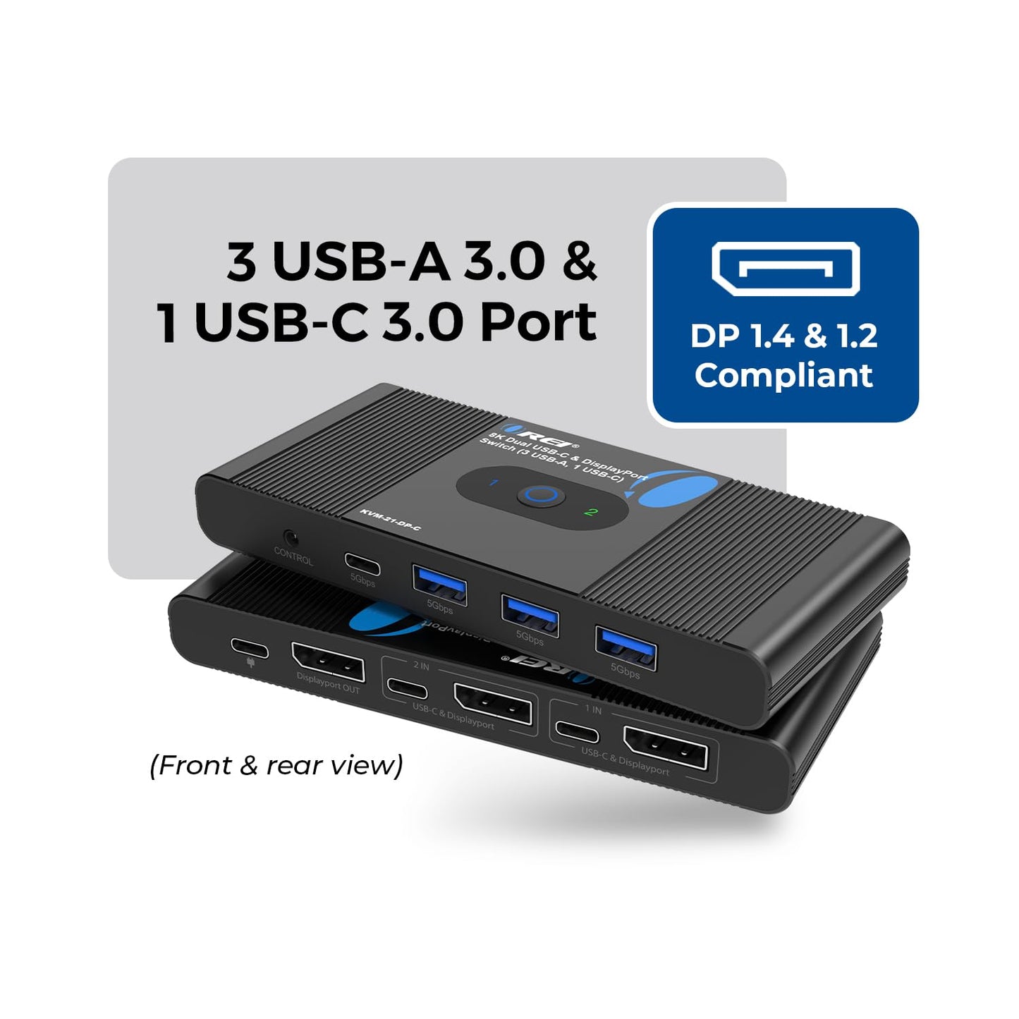 OREI 8K KVM Switch - DisplayPort Switch 2 in 1 Out, USB-C for 2 Computers, DisplayPort 1.4 KVM, KVM Switch 2 Computers 1 Monitor, Supports 4K 144Hz /