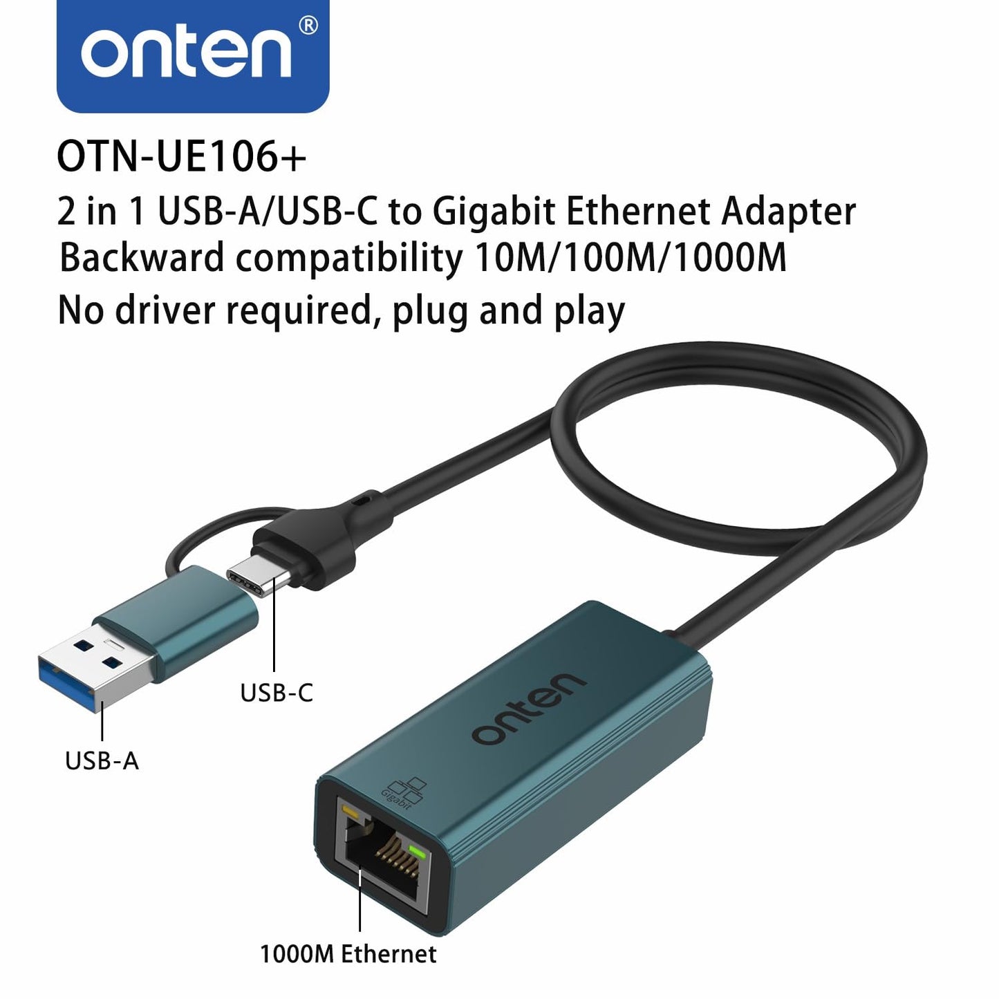 Onten USB-A and USB-C to Ethernet Adapter,Driver Free RJ45 to USB C or USB A, Gigabit Ethernet LAN Network Adapter for Windows,Mac OS, iOS and More