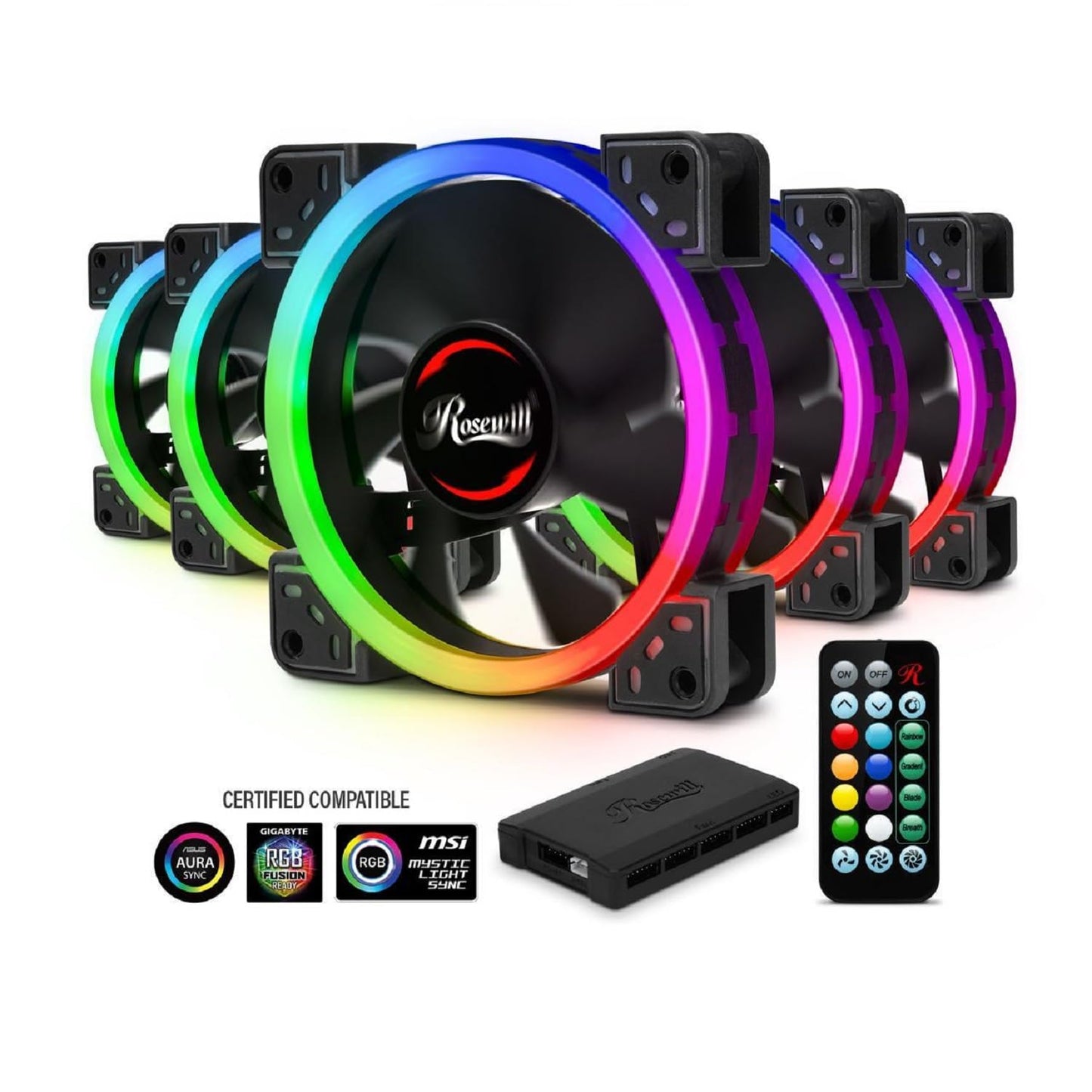 Rosewill RGBF-23001 120mm Dual Ring Addressable RGB Case Fan Hub Set, True RGB LED Case Fans (5-Pack) and 8-Port Fan Hub, Ultra Quiet Cooling