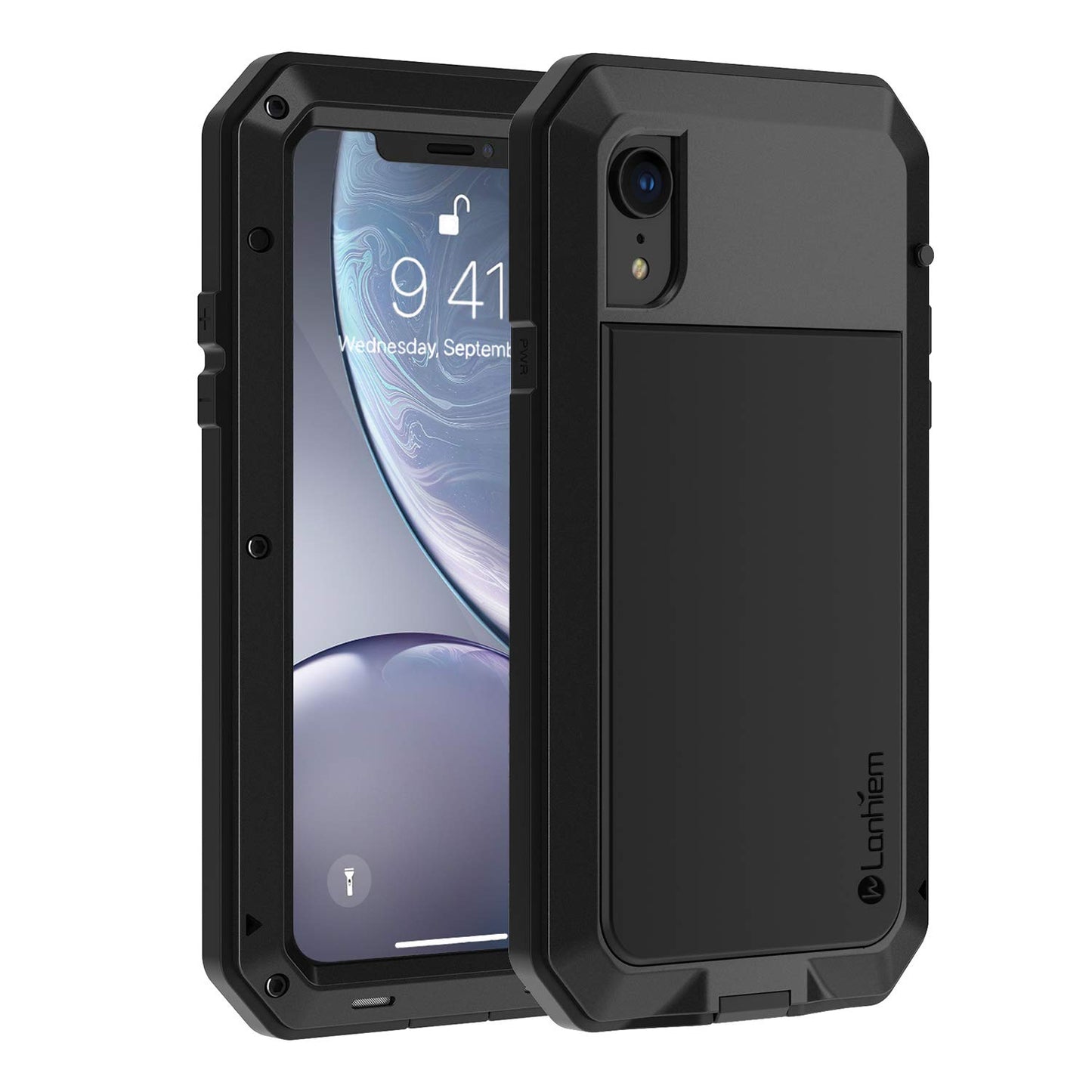 Lanhiem iPhone XR Metal Case, Heavy Duty Shockproof Case with Built-in Glass Screen Protector, Rugged Full Body Protective Cover, Black