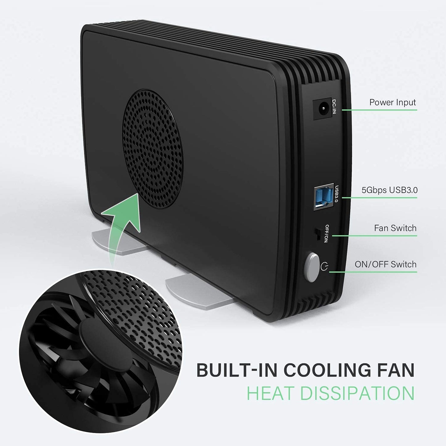 FIDECO 3.5" Hard Drive Enclosure, USB 3.0 to SATA Aluminium External Hard HDD Case with Built-in Cooling Fan Support UASP and 10TB Drives for 3.5/2.5