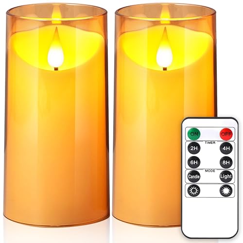 NURADA Flameless Candles with Remote Timer: 3D Wick Battery Operated Led Pillar Acrylic Fake Candle Set for Home Decoration Romantic Ambiance - Gold 2