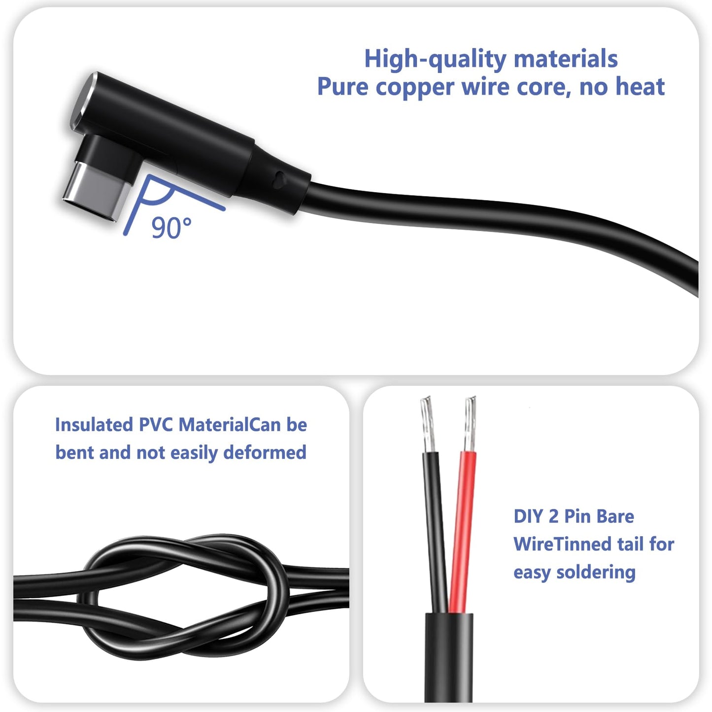 Vovucai USB C Pigtail - USB C to 2 Pin Bare Wire Open End Power Cable, 90 Degree Right Angle Type C Male Plug (1M/3FT, 22AWG 5V/3A) for DIY Repair
