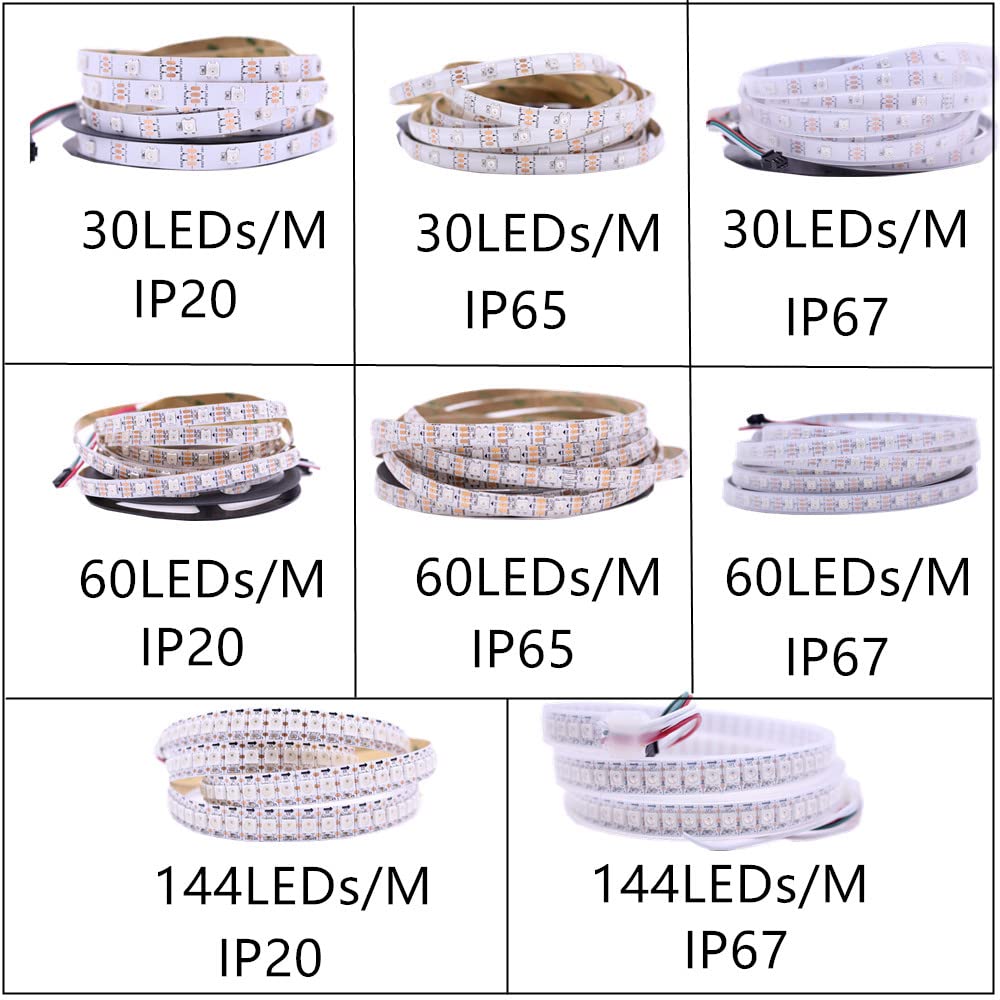 WS2812B LED Strip Individual Addressable Light 144Pixels/m SMD 5050 RGB Pixel Strip DC5V 3.2FT 144LEDS Waterproof IP67 White PCB