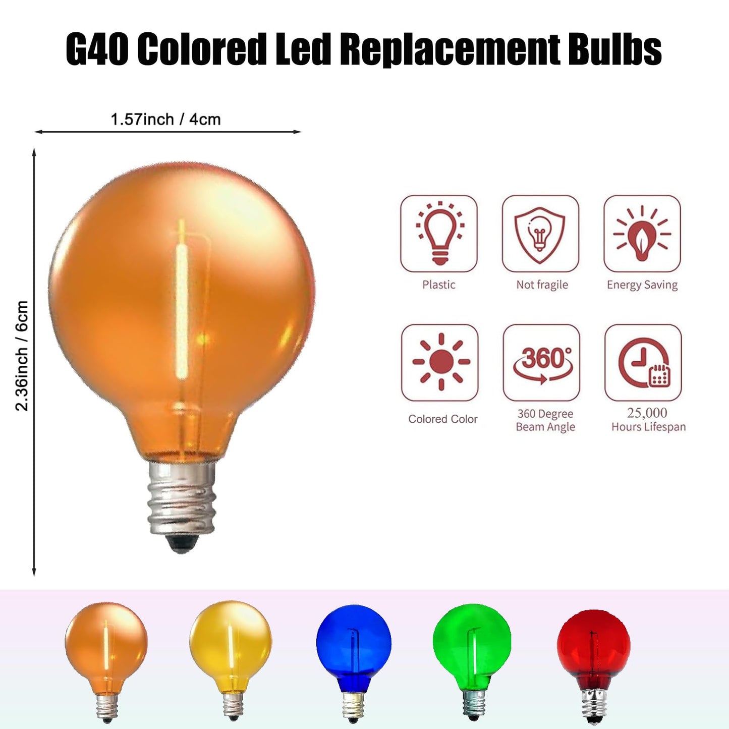 NICONIK 25 Pack G40 Orange LED Replacement Christmas Light Bulbs,E12 Candelabra Base, Shatterproof Plastic, for Christmas Outdoor String Lights